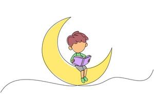 Continuous one line drawing boy sitting on crescent moon reading a book. Metaphor of reading a fairy story before sleeping. Read until late. Love reading. Single line draw design illustration vector