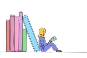 Continuous one line drawing Arabian woman reading sitting leaning against pile of books. Habit of reading books every day. Library. Book festival concept. Single line draw design illustration vector