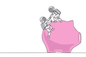 Single one line drawing astronaut helps colleague climb the big piggy bank. Remind each other in kindness. Investment for the future. Super great teamwork. Continuous line design graphic illustration vector