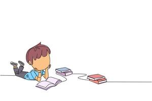 Single one line drawing smart boy reading books happily. Good reading interest. Really enjoy reading story books. Reading everywhere. Book festival concept. Continuous line design graphic illustration vector