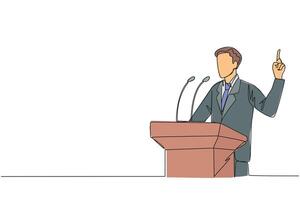 Continuous one line drawing young energetic businessman speaking at the podium while lifting index finger up. He made a favorable statement for the company. Single line draw design illustration vector