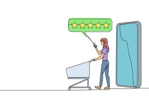 soltero uno línea dibujo contento mujer caminado fuera de grande teléfono inteligente mientras emprendedor un compras carretilla. 5 5 estrellas clasificación revisar. mi comercio. revisión a vendedor. continuo línea diseño gráfico ilustración vector