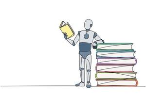 Single continuous line drawing smart robot standing reading book while leaning against a pile of large books. Hobby of reading anywhere. Very happy when reading. One line design illustration vector