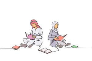 Single one line drawing Arabian man woman sitting relax in library reading lot of books. Looking for answers to assignments. Hobby reading. Book festival. Continuous line design graphic illustration vector