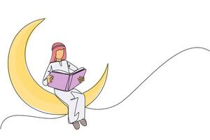 Single one line drawing Arab man sitting on crescent moon reading a book. Metaphor of reading a fairy story before sleeping. Read until late. Love reading. Continuous line design graphic illustration vector