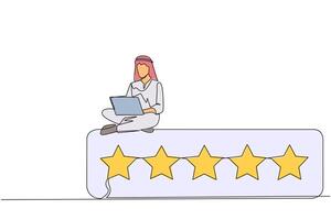 Single one line drawing young happy Arabian man sitting on rating board typing laptop computer. Give 5 stars and a very satisfying review. Online shopping. Continuous line design graphic illustration vector