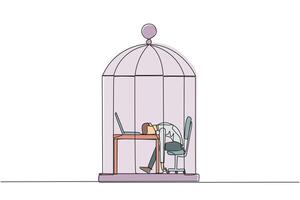 Single continuous line drawing businessman trapped in cage asleep on laptop computer. Tired of repetitive routines. The many deadlines require overtime every day. One line design illustration vector