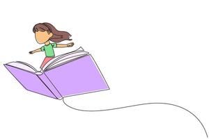 continuo uno línea dibujo niña en pie en un grande volador abierto libro. me gusta montando un nube, poder a mosca como alto como posible. leyendo incrementar conocimiento. amor leer. soltero línea diseño ilustración vector