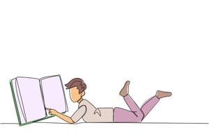 Single continuous line drawing man lying on his stomach reading a big book. Enjoy reading books in a variety of styles. Reading increases insight. Love reading. One line design illustration vector