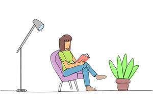 Continuous one line drawing smart woman sitting reading in a room with reading lamp. Spending holidays increasing knowledge by reading books. Love reading. Single line draw design illustration vector