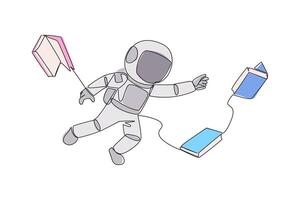 Single continuous line drawing astronauts floating in space trying to pick up books. No gravity makes it float. Basic space knowledge. Space book festival concept. One line design illustration vector