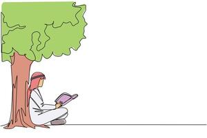 Continuous one line drawing Arab man sitting reading book under shady tree. Continuing the second volume of the fiction story book. Enjoy reading. Book festival. Single line design illustration vector