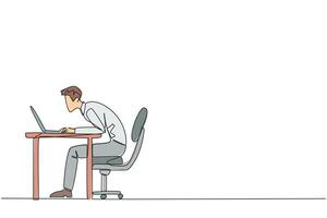 Single one line drawing hectic businessman sitting and typing on laptop computer. Work hard to achieve maximum expected results. Overtime and work smart. Continuous line design graphic illustration vector