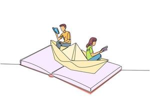 Continuous one line drawing man woman reading book on a paper boat. Maintain the good habits. The metaphor of reading can explore oceans. Book festival concept. Single line design illustration vector