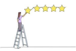 Continuous one line drawing young energetic happy woman climbs ladder carry 1 star, making it 5 stars in a row. Give very good recommendation to the seller. Single line draw design illustration vector