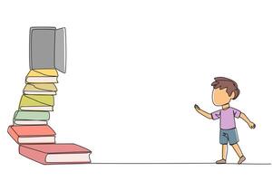 Continuous one line drawing boy climb the stairs from the book stack. Towards the wide open door. Metaphor of finding answers from books. Book festival. Single line draw design illustration vector