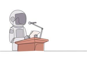 Single one line drawing astronaut speaking on the podium holding a piece of paper. Make welcoming speech. Astronaut has new business branch. Orator. Leader. Continuous line design graphic illustration vector