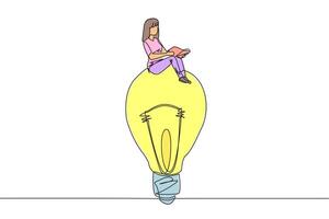 Continuous one line drawing woman sitting on big lightbulb. Read with focus and serious. Metaphor looking for brilliant ideas from scientific books. Book festival. Single line draw illustration vector