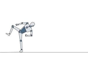 Continuous one line drawing robot doing taekwondo movements. Kicking motion. Strong legs. Keeping business with sport. Keep healthy stay strong. AI tech. Single line draw design illustration vector