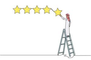 Single continuous line drawing young energetic Arabian man climbs a ladder carrying 1 star, making it 5 stars in a row. Give very good recommendation to the seller. One line design illustration vector