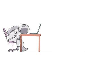 Continuous one line drawing astronaut fell asleep in front of a laptop computer. Fatigue running a business. Mental health problem. Exhausted and bored. Single line draw design illustration vector