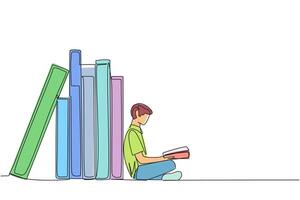 Single continuous line drawing man reading sitting leaning against a pile of books. Habit of reading books every day. Library. Good habit. Book festival concept. One line design illustration vector