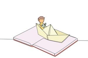 Single one line drawing boy reading a book on a paper boat. Maintain the good habits. The metaphor of reading can explore oceans. Book festival concept. Continuous line design graphic illustration vector