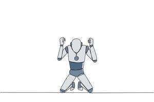 Continuous one line drawing smart robot kneeling like praying. Lost hope. Businesses will bankrupt if fail to get bona fide clients. Gesture of surrender. Single line draw design illustration vector