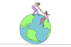 Single continuous line drawing businesswoman helps colleague climb the big globe. The metaphor of reaching top of the world through increasing business. Teamwork. One line design illustration vector