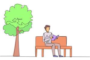 Continuous one line drawing man sitting on park bench reading book. Learn by re-reading textbook. Read to get maximum marks. Reading increase insight. Single line draw design illustration vector