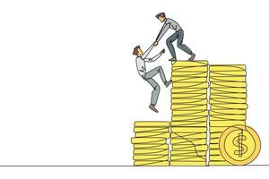 Continuous one line drawing businessman helps colleague climb pile of coins. Metaphors help achieve financial targets before entering retirement. Teamwork. Single line draw design illustration vector