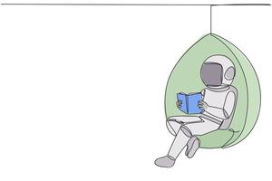 Continuous one line drawing astronaut sitting relax in hanging chair reading book. Spending weekend reading the favorite fiction story book. Love reading. Single line draw design illustration vector