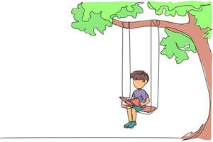 Single continuous line drawing boy sitting on a swing under a shady tree reading a book. High enthusiasm for reading. Read anywhere. Reading increases insight. One line design illustration vector