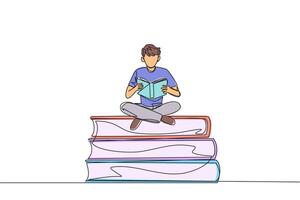 Single one line drawing man sitting cross-legged on pile of large books. Reading comic. Reading textbook. Read scientific journal. Reading increase insight. Continuous line design graphic illustration vector