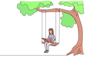 Single continuous line drawing woman sitting on a swing under a shady tree reading a book. High enthusiasm for reading. Read anywhere. Reading increases insight. One line design illustration vector