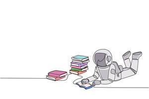 Single continuous line drawing astronaut really likes reading. Everyday one book is read. Good habit. There is no day without reading book. Book festival concept. One line design illustration vector