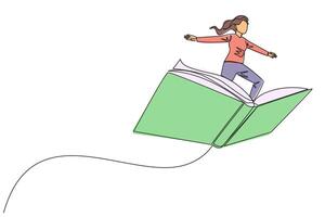 Single continuous line drawing woman standing on large flying open book. Like riding a cloud, able to fly as high as possible. Reading increases insight. Love read. One line design illustration vector