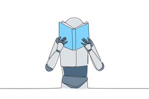 continuo uno línea dibujo robot seriamente leyendo libro Hasta que cubrir el rostro. nervioso cuando frente a el final exámenes tratar a enfocar. leyendo incrementar conocimiento. soltero línea dibujar diseño ilustración vector