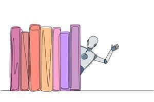 Single continuous line drawing smart robot appears from behind a row of books. Invitation to read books at the library. Like to reading book. Book festival concept. One line design illustration vector