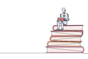 Single one line drawing robotic sitting on pile of books reading book. High interest in reading. Opening horizon of thinking. Tech book festival concept. Continuous line design graphic illustration vector