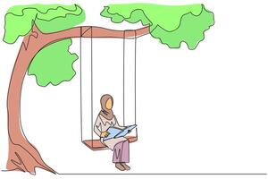 Single continuous line drawing Arabian woman sitting on swing under shady tree reading book. High enthusiasm for reading. Read anywhere. Reading increases insight. One line design illustration vector