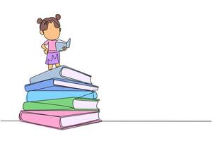 Single continuous line drawing girl standing on pile of books reading a fiction story book. Intrigued by the book series. Read anywhere to finish reading. Reading. One line design illustration vector