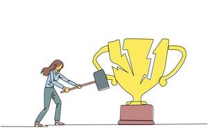 Continuous one line drawing businesswoman preparing to hit the big trophy. Rampage. Expressing mounting anger. Smashing trophy with a sledgehammer. Failed. Single line draw design illustration vector