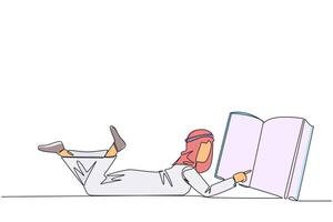 Single continuous line drawing Arab man lying on his stomach reading big book. Enjoy reading books in a variety of styles. Reading increases insight. Love reading. One line design illustration vector