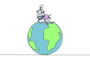 Single one line drawing smart robot sitting on big globe reading book. The metaphor of reading can reach the world. Read everywhere. Book festival concept. Continuous line design graphic illustration vector