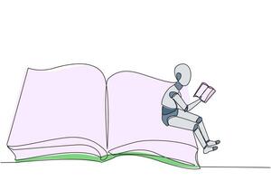 Single one line drawing smart robot sitting on the edge of a large open book. Study before exam time arrives. Read textbooks with focus. Reading is fun. Continuous line design graphic illustration vector