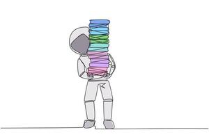 soltero continuo línea dibujo astronauta que lleva alto apilar de libros cubierta sí mismo. recién compra libro desde librería. leer libros uno por uno a hogar. lectura. uno línea diseño ilustración vector