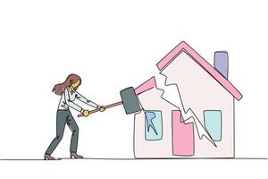 Single continuous line drawing businesswoman preparing to hit miniature house. Metaphor of house as collateral for payment. Business fails. Home is gone. Bankrupt. One line design illustration vector