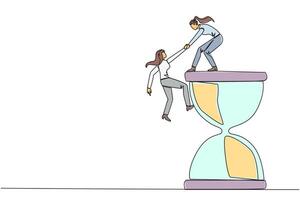 Single one line drawing businesswoman helps colleague climb the large hourglass. Have many assignment deadlines. Sharing with colleagues will become easier. Continuous line design graphic illustration vector