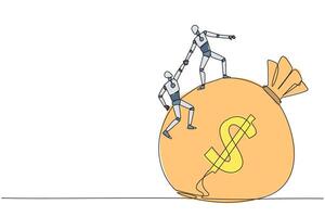 soltero uno línea dibujo robot ayuda colega a escalada el grande dinero bolsa. colaborar a ganancia mutuo beneficio. más fuerte juntos. genial trabajo en equipo. cohesivo. continuo línea diseño gráfico ilustración vector